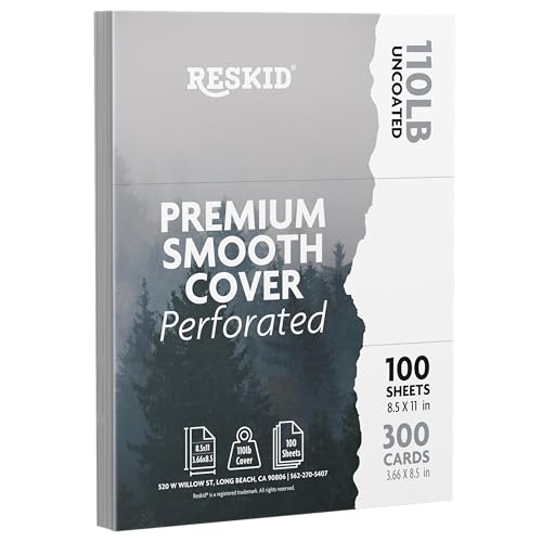 Reskid 100 Blatt weißer Karton, 50 kg, dickes perforiertes Papier, 21,6 x 27,9 cm mit 3 pro Seite, 9,9 x 21,6 cm, blanko, schwerer Einband, 100 Blatt mit 300 Karten (3 bis 9,6 x 21 cm) von Reskid