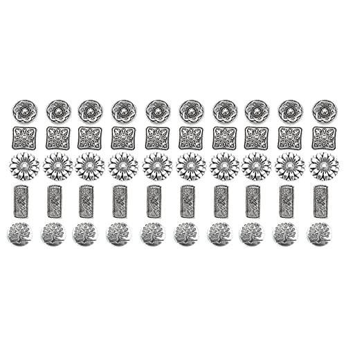 Resefinem 50pcs gemischte antike Silberknöpfe in runden Tetragonum- und Blumenformen für Retro -Kleidungszubehör aus Zinklegierung mit 5 verschiedenen Modellen, die ideal für alle von Respicefinem