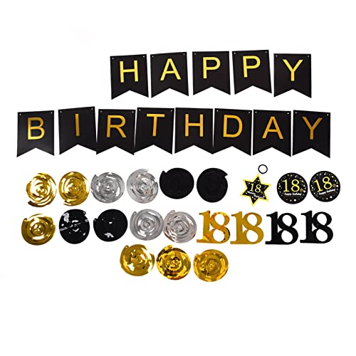 RespireFinem 18. Geburtstagsfeier -Dekorationsset mit Happy Birthday Banner mit Platz 18 und hängenden Spiralstreifen Super reiches glänzendes schwarzes Gold- und Silberthema von Respicefinem