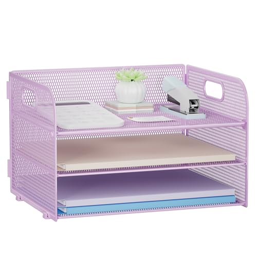 Restorgan 3 Ebenen Papier Organizer mit Griff, Mesh Schreibtisch Organizer Briefablage, Papierablage Organizer Datei Organizer für A4 Aktenordner, Lila von Restorgan