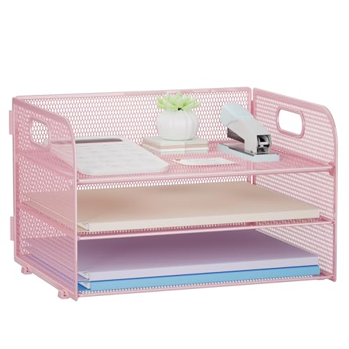 Restorgan 3 Ebenen Papier Organizer mit Griff, Mesh Schreibtisch Organizer Briefablage, Papierablage Organizer für A4 Aktenordner, Rosa von Restorgan