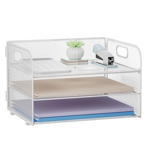 Restorgan 3 Ebenen Papier Organizer mit Griff, Mesh Schreibtisch Organizer Briefablage, Papierablage Organizer für A4 Aktenordner, Weiß von Restorgan