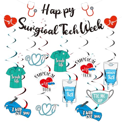 Resurhang 25 Stück chirurgische Tech-Wochen-Dekoration, vorbespannt, Happy Surgical Tech Week Banner zum Aufhängen, Wirbel für Ärzte, Krankenschwestern, Dankeschön, Krankenhaustechniker von Resurhang