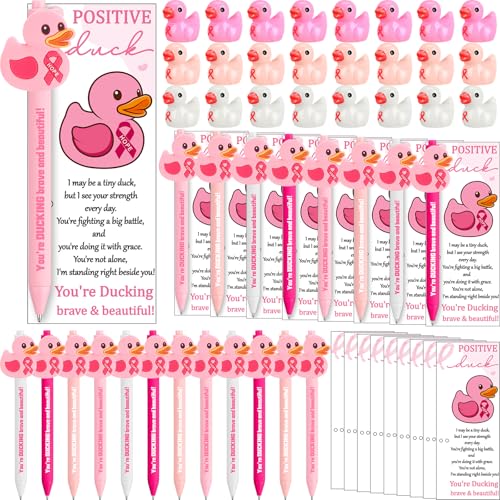 Resurhang 48 Sets Brustkrebs-Bewusstseinsgeschenke, Brustkrebs-Stifte mit rosa Schleife, Kugelschreiber mit inspirierender Ente, unterstützende Grußkarten, rosa Schleife, Geschenke für Frauen von Resurhang