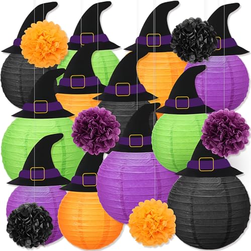 Retisee 18 Stück Halloween-Papierlaternen, Halloween-Hängedekorationen, hängende Papierlaternen mit Hexenhut für Festival, drinnen und draußen, gruselige Heimdekoration, Partyzubehör, Requisiten von Retisee