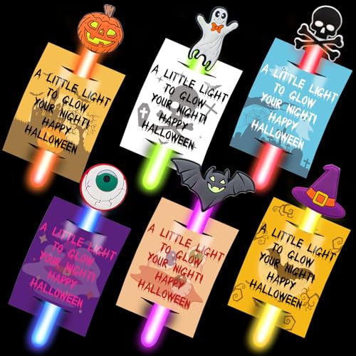 Retisee 36 Set Halloween Leuchtstäbe mit Karten Bulk Glow in the Dark Party Supplies Halloween Nachtkarten Geschenk Kürbis Tags für Sticks Dekoration Männer Frauen 6 Stile von Retisee