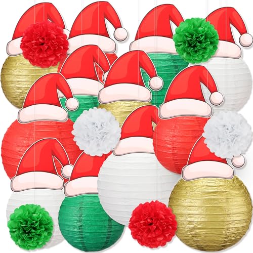 Retisee Papierlaternen zum Aufhängen, 15,2 cm, 20,3 cm, 25,4 cm, Grün, Rot, Gold, Hängelaternen mit Weihnachtsmütze, 18 Stück von Retisee