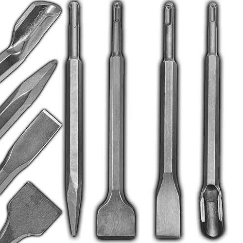 Retoo Meißel SDS 4-teilig Set, Flachmeißel, Fliesenmeißel, Spitzmeißel, Meißel aus Verstärkter Legierter Stahl, Universal, Vibrationsfest, Kompatibel für Schlaghämmer Verschiedener Marken Retoo Meißel SDS 4-teilig Set, Flachmeißel, Fliesenmeißel, Spitzmeißel, Meißel aus Verstärkter Legierter Stahl, Universal, Vibrationsfest, Kompatibel für Schlaghämmer Verschiedener Marken von Retoo