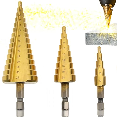 Retoo Stufenbohrer, 3-tlg Stufenbohrer Set Schälbohrersatz Exact Spiralnut Kegelbohrer 4 mm bis 12/20/32mm Titanbeschichtet Profi Metallbohrer Bohrer Satz für Metall Holz Kunststoff Retoo Stufenbohrer, 3-tlg Stufenbohrer Set Schälbohrersatz Exact Spiralnut Kegelbohrer 4 mm bis 12/20/32mm Titanbeschichtet Profi Metallbohrer Bohrer Satz für Metall Holz Kunststoff von Retoo