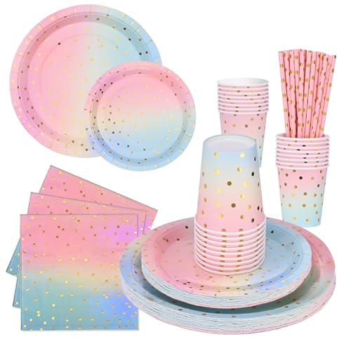 Revivoer Partygeschirr Partyzubehör Pappteller Set, 150 Stück Papier Geschirr Set Einschließlich Tischdecke Teller Becher Servietten zum Geburtstag, Hochzeiten (25 Gäste) von Revivoer