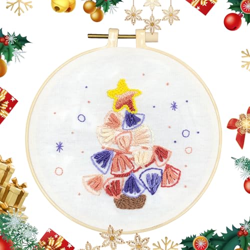 Stickerei Set Anfänger, Stickerei Set Weihnachten, Runde Einstellbare Stickerei Starter Kit, Kreuzstich Kit mit 1 Stück Stickrahmen, 1 Farbfädensatz, 3 Nadel, für DIY Kunst, Handwerk, Nähen (F) von RevpoltIQ
