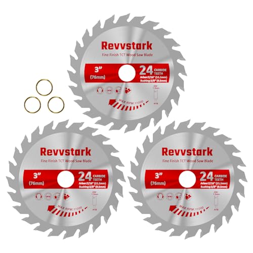 Hartmetall-Kreissägeblatt, 7,6 cm, 24 Zähne, für Holz, Kunststoff, PCV, Acryl, Aluminium mit 7/16-Zoll-Aufnahme, 3/8-Zoll-Buchse, passend für Dewalt Craftsman Ryobi Milwaukee, 3 Stück Hartmetall-Kreissägeblatt, 7,6 cm, 24 Zähne, für Holz, Kunststoff, PCV, Acryl, Aluminium mit 7/16-Zoll-Aufnahme, 3/8-Zoll-Buchse, passend für Dewalt Craftsman Ryobi Milwaukee, 3 Stück von Revvstark