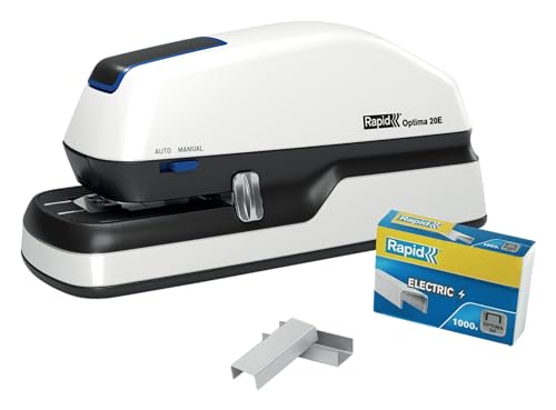 Rapid Optima 20E Elektrischer Tacker, Set aus Tacker und 1000 x Heftklammern, Kapazität 20 Blatt, mit LED-Anzeige, ideal für Büro und Home Office, 5 Jahre Garantie, Weiß, 2102351 von Rapid