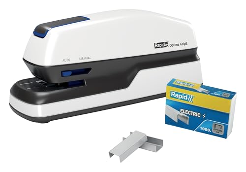 Rapid Optima GripE Elektrischer Tacker, Set aus Tacker und 1000 x Heftklammern, Kapazität 20 Blatt, Ideal für Büro und Home Office, 5 Jahre Garantie, Weiß, 2102349 von Rexel