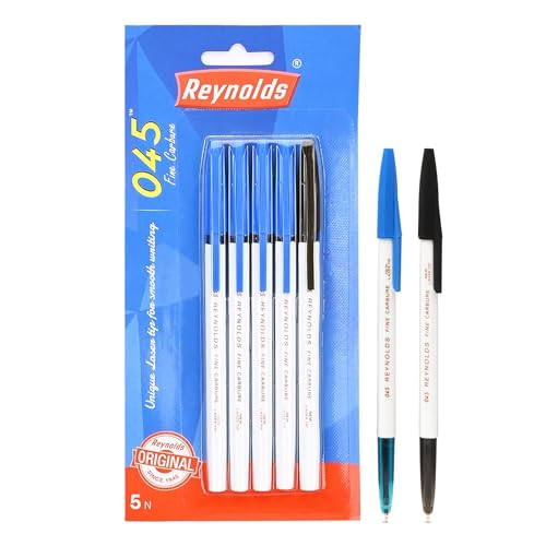 Reynolds 045 Kugelschreiber-Set – 5 Stifte (4 blau 1 schwarz) | bequemer Griff | Für Studenten & Bürobedarf | 0,7 mm Spitzengröße von Reynolds