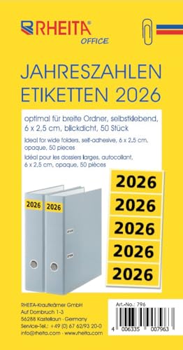 Jahreszahlen 2026 zur Ordnerbeschriftung pro Packung 50 Stück Jahreszahlen 2026 zur Ordnerbeschriftung pro Packung 50 Stück von Rheita