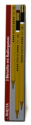 Rheita 117-3 Bleistifte mit Radierer, gelblackiert, HB, hexagonal, 3 Stück in Pappschachtel Rheita 117-3 Bleistifte mit Radierer, gelblackiert, HB, hexagonal, 3 Stück in Pappschachtel von Rheita