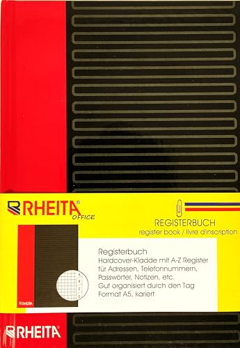 Rheita Registerbuch, Passwortbuch, Adressbuch DIN A5, 96 Blatt kariert, 90g/m², schwarz/rot von Rheita