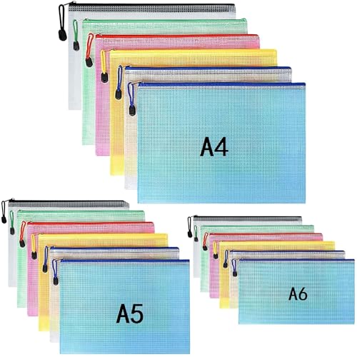 Rhimooay 18 Stück Dokumententasche A4+A5+A6, Bunte Wasserdichte Dokumententasche mit Reißverschluss, Datei Zipper Tasche Mesh Kunststoff Reißverschlusstasche für Kosmetika, Reisezubehör, 6 Farbe Rhimooay 18 Stück Dokumententasche A4+A5+A6, Bunte Wasserdichte Dokumententasche mit Reißverschluss, Datei Zipper Tasche Mesh Kunststoff Reißverschlusstasche für Kosmetika, Reisezubehör, 6 Farbe von Rhimooay