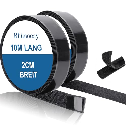 Rhimooay 10 Meter Klettband Selbstklebend Extra Stark, Doppelseitig Klebende mit Klettverschluss, Selbstklebendes Klebepad Flauschband und Hakenband, 20mm Breit, Schwarz von Rhimooay