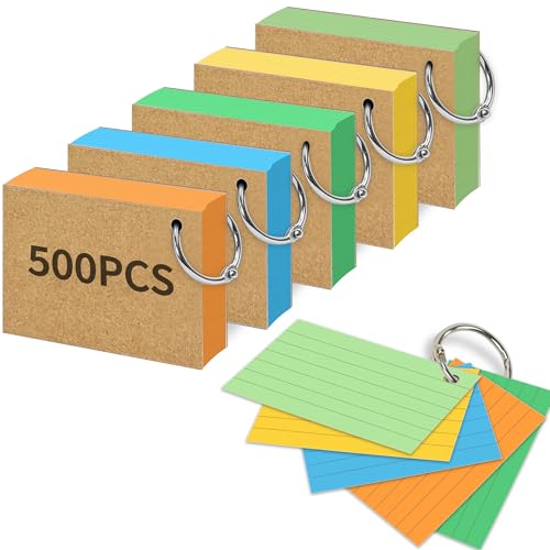 Rhimooay 500 Stück Karteikarten A8 liniert, 220g/m² Verdickte Karteikarten, Vokabelkarten Lernkarten Flashcards mit 10 Binderinge und 20 Stück Kraftpapier für Unterwegs Lernen, 5 leuchtende Farben Rhimooay 500 Stück Karteikarten A8 liniert, 220g/m² Verdickte Karteikarten, Vokabelkarten Lernkarten Flashcards mit 10 Binderinge und 20 Stück Kraftpapier für Unterwegs Lernen, 5 leuchtende Farben von Rhimooay