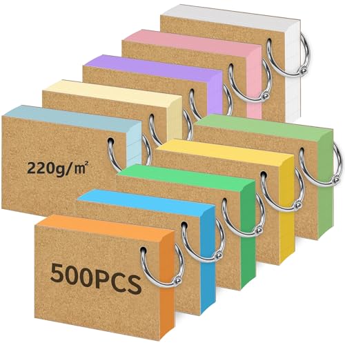Rhimooay 500 Stück Karteikarten A8 liniert, 220g/m² Verdickte Karteikarten, Vokabelkarten Lernkarten Flashcards mit 10 Binderinge und 20 Stück Kraftpapier für Unterwegs Vokabel Lernen, 10 Farben Rhimooay 500 Stück Karteikarten A8 liniert, 220g/m² Verdickte Karteikarten, Vokabelkarten Lernkarten Flashcards mit 10 Binderinge und 20 Stück Kraftpapier für Unterwegs Vokabel Lernen, 10 Farben von Rhimooay