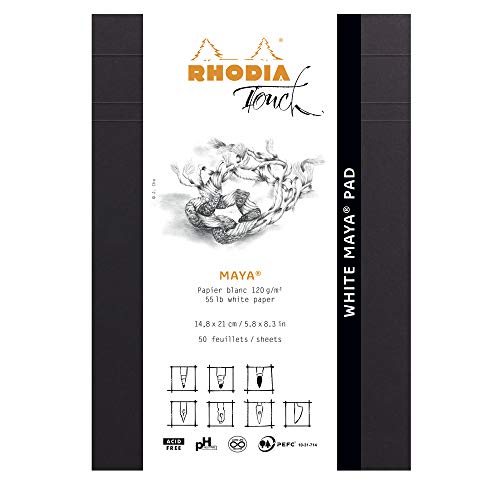 Rhodia 116102C - Notizblock White Maya Pad, kopfseitig geheftet, A5 (14,8x21 cm), 50 Blatt mikroperforiert, blanko, Clairefontaine Papier Maya weiß 120g, Schwarz, 1 Stück von Rhodia