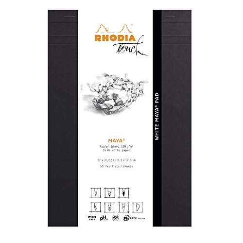 Rhodia 116104C - Notizblock White Maya Pad, kopfseitig geheftet, A4+ (21x31,8 cm), 50 Blatt mikroperforiert, blanko, Clairefontaine Papier Maya weiß 120g, Schwarz, 1 Stück von Rhodia