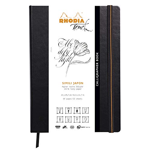 Rhodia 116125C - Heft Calligrapher Book DIN A4 (21x29,7 cm), 32 Blatt, blanko, Clairefontaine Papier Simili Japon Elfenbein 250g, Gummizugverschluss, Lesezeichen, Cover aus Kunstleder Schwarz, 1 Stück von Rhodia