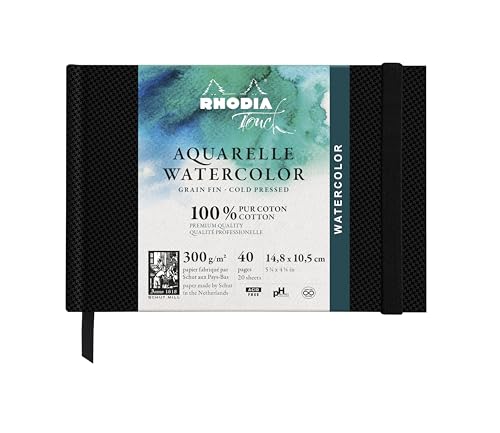 Rhodia 116136C - Rhodia Touch Zeichenbuch Watercolor Book, feinkörniges Papier aus 100% Baumwolle 300g, 20Blatt, A6 Querformat, ideal für Aquarell, Schwarz, 1Stück von Rhodia