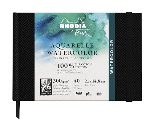Rhodia 116137C - Rhodia Touch Zeichenbuch Watercolor Book, feinkörniges Papier aus 100% Baumwolle 300g, 20 Blatt, A5 Querformat, ideal für Aquarell, Schwarz, 1 Stück von Rhodia