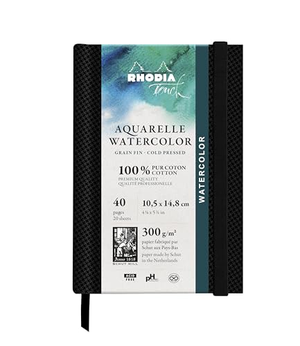 Rhodia 116139C - Rhodia Touch Zeichenbuch Watercolor Book, feinkörniges Papier aus 100% Baumwolle 300g, 20 Blatt, A6 Hochformat, ideal für Aquarell, Schwarz, 1 Stück von Rhodia