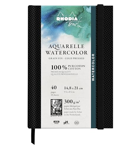 Rhodia 116140C - Rhodia Touch Zeichenbuch Watercolor Book, feinkörniges Papier aus 100% Baumwolle 300g, 20 Blatt, A5 Hochformat, ideal für Aquarell, Schwarz, 1 Stück von Rhodia
