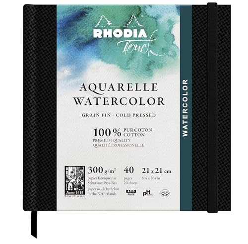 Rhodia 116143C - Rhodia Touch Zeichenbuch Watercolor Book, feinkörniges Papier aus 100% Baumwolle 300g, 20 Blatt, 21x21cm, ideal für Aquarell, Schwarz, 1 Stück von Rhodia