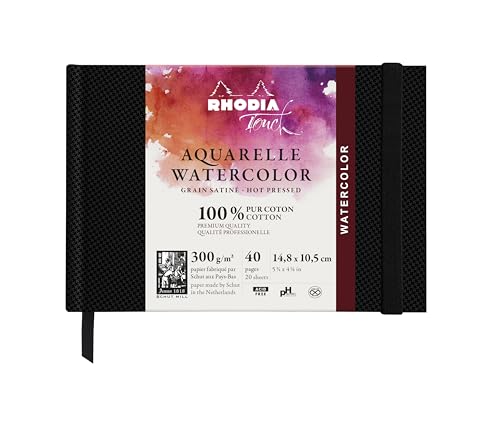 Rhodia 116154C - Rhodia Touch Zeichenbuch Watercolor Book, mit satinierter Körnung aus 100% Baumwolle 300g, 20 Blatt, A6 Querformat, ideal für Aquarell und Mischtechniken, Schwarz, 1 Stück von Rhodia