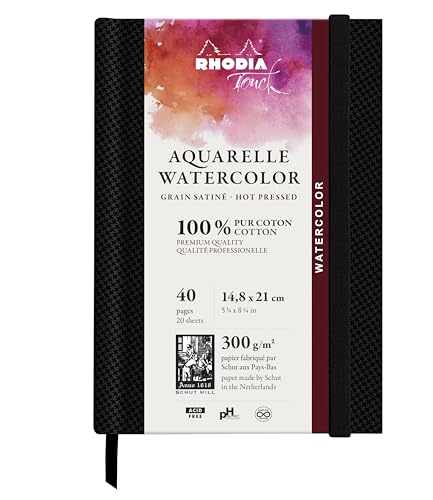 Rhodia 116158C - Rhodia Touch Zeichenbuch Watercolor Book, mit satinierter Körnung aus 100% Baumwolle 300g, DIN A5 Hochformat, 20 Blatt, ideal für Aquarell und Mischtechniken, Schwarz, 1 Stück von Rhodia