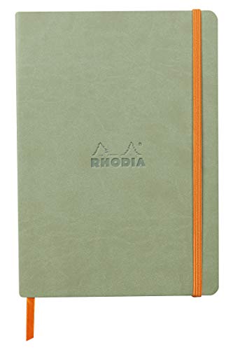 Rhodia 117375C - Notizheft Softcover Rhodiarama DIN A5 (14,8x21 cm), 80 Blatt, liniert Clairefontaine Papier Elfenbein 90g Lesezeichen, Gummizugverschluss, Cover aus Kunstleder Seladon, 1 Stück von Rhodia