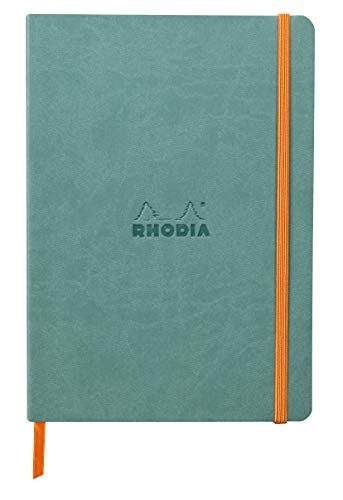 Rhodia 117443C - Notizheft Softcover Rhodiarama DIN A5 (14,8x21 cm), 80 Blatt, liniert Clairefontaine Papier Elfenbein 90g Lesezeichen, Gummizugverschluss, Cover aus Kunstleder Aquablau, 1 Stück von Rhodia