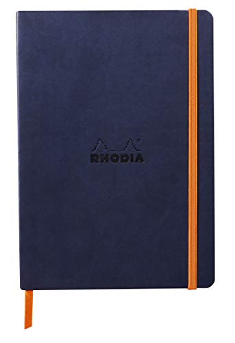 Rhodia 117444C - Notizheft Softcover Rhodiarama DIN A5 (14,8x21 cm), 80 Blatt, liniert Clairefontaine Papier Elfenbein 90g Lesezeichen, Gummizugverschluss, Cover aus Kunstleder Nachtsblau, 1 Stück von Rhodia