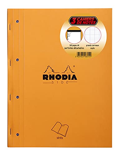 Rhodia 118315C - Set mit 3 Notizblöcken geheftet DIN A4 (22,3x29,7 cm), 80 Blatt mikroperforiert, 4-fach gelocht, französiche Lineatur, Clairefontaine Papier weiß 80g, Cover Orange, 3 Stück von Rhodia
