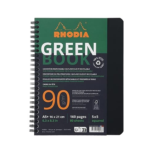 Rhodia 119913C - Rhodiactive Greenbook Spiralheft, kariert, DIN A5+ 16x21 cm, 80 Blatt mikroperforiert, 4-fach gelocht, 100% Recycling Papier, 90, Schwarz, 1 Stück von Rhodia