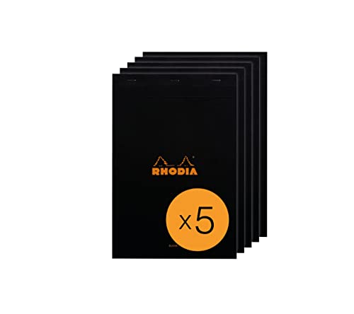 Rhodia 190009C - Packung mit 5 Notizblöcken geheftet No.19 A4+ 80 Blätter blanko 80g, Schwarz, 1 Pack von Rhodia