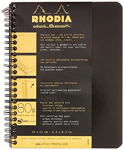 Rhodia 193439C - Notizheft / Notebook mit Doppelspirale DIN A5+ 16x21cm 80 Blatt Dot-Lineatur 80g, abtrennbar und mikroperforiert, Schwarz, 1 Stück von Rhodia