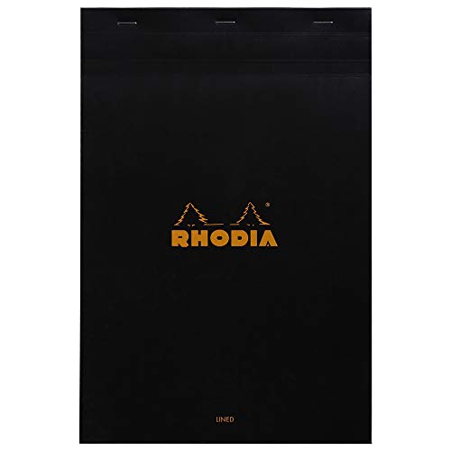 Rhodia 196009C - Notizblock / Schreibblock geheftet No.19 A4+ 21x31,8cm 80 Blätter liniert mit Rand 80g, abtrennbar und mikroperforiert, mit Kartonrücken, Schwarz, 1 Stück von Rhodia