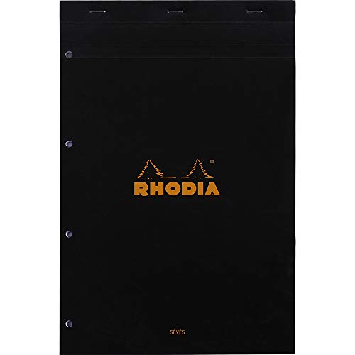Rhodia 201009C - Notizblock / Schreibblock N°20 DIN A4+, 80 Blatt 80g, französische Lineatur, 4-fach gelocht, abtrennbar und mikroperforiert, mit fester Rückseite aus Karton, Schwarz, 1 Stück von Rhodia
