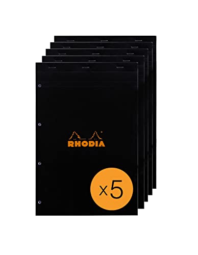 Rhodia 201009C - Packung mit 5 Notizblöcken geheftet No.20, DIN A4+, 80 Blätter gelb französische Lineatur perforiert, 80g, Schwarz, 1 Pack von Rhodia
