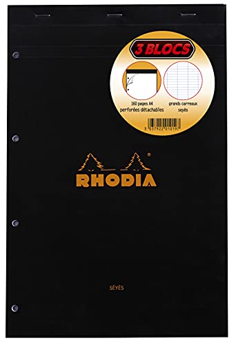 Rhodia 201019C - Set mit 3 Notizblöcken N°20 Black 21x31,8 cm, kopfseitig geheftet, 80 Blatt mikroperforiert, 4-fach gelocht, französiche Lineatur, Papier weiß 80g, Cover sortiert, 3 Stück von Rhodia