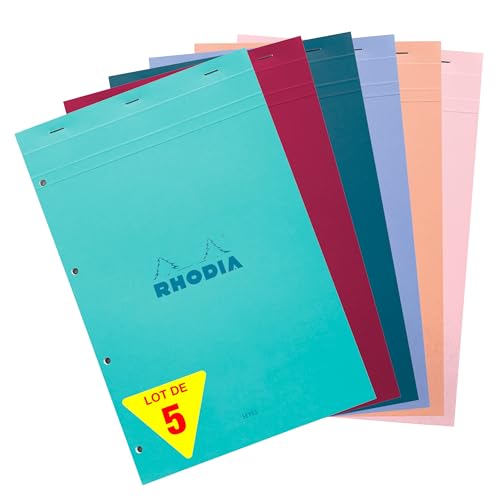 Rhodia 20195Cpack bloc agrafé Couleurs N°20 Seyès 80 feuillets microperforés et perforés 4 trous, couvertures sorties - PAQ DE 5 von Rhodia