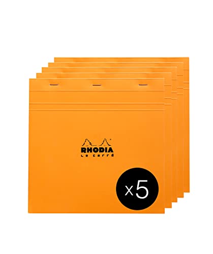 Rhodia 210200C - Packung mit 5 Notizblöcken geheftet Le Carré No.210 21x21cm 80 Blätter kariert 80g, Orange, 1 Pack von Rhodia