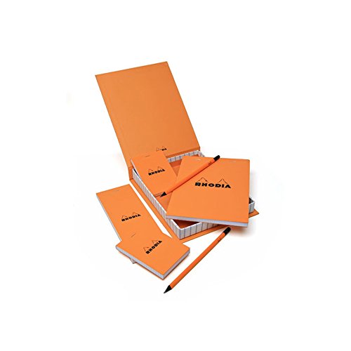 Rhodia 92001C Grundausstattung Set (mit 4 Notizblöcke kariert verschiedene Formate und 2 Stifte, praktisch, ideal für Ihr Büro oder Ihr zu Hause) 1 Set, orange von Rhodia
